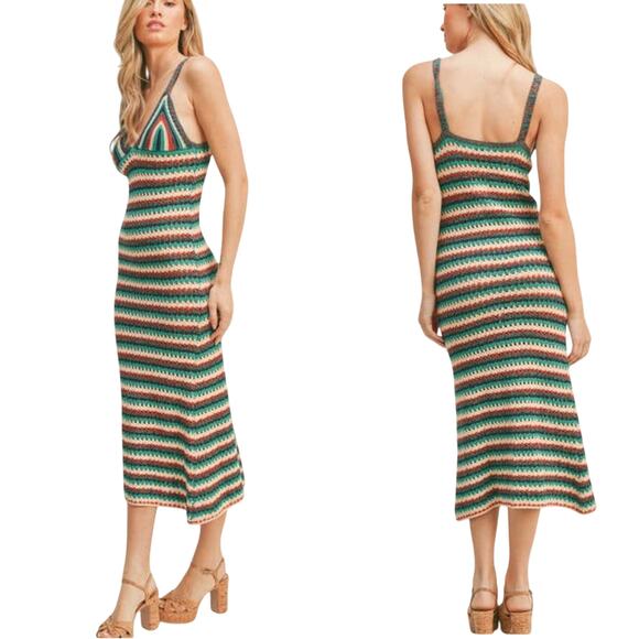 ZARA Crochet Knit Maxi Dress Multicolor Striped Boho Resortwear size S NWT - Picture 1 of 6
